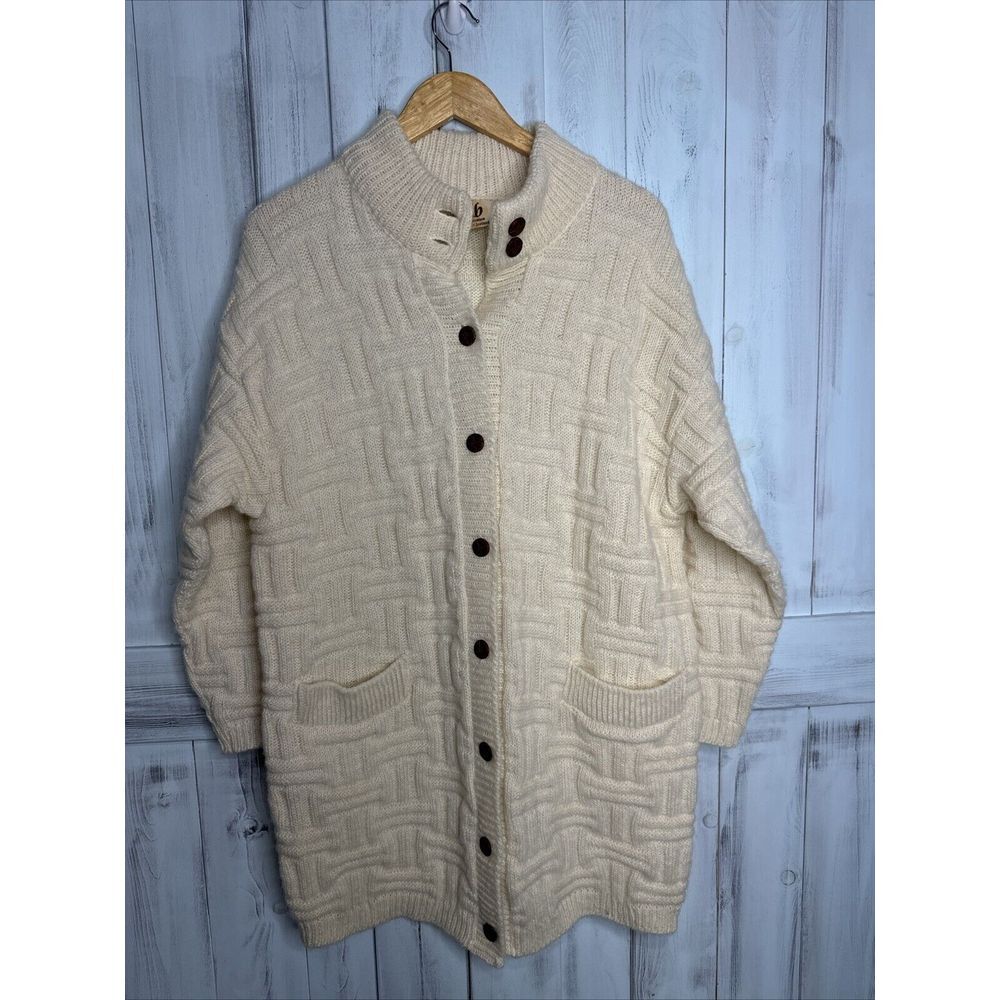 ALB Collection Women's Vintage 100% Wool Icelandic Cardigan Sweater Size S Cream
